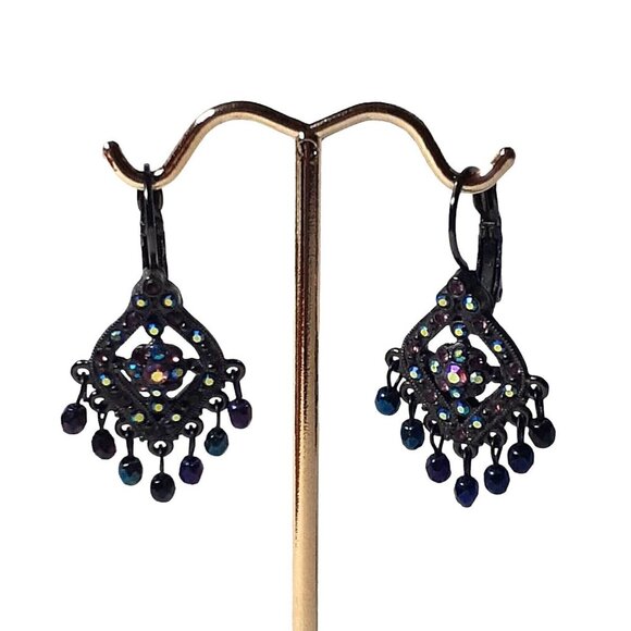 Vintage JOAN RIVERS Gunmetal Aurora Borealis Chandelier Pierced Earrings - Picture 8 of 12